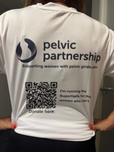 Running T-shirt advertising Ros Drake's fundraiser for The Pelvic Partnership
